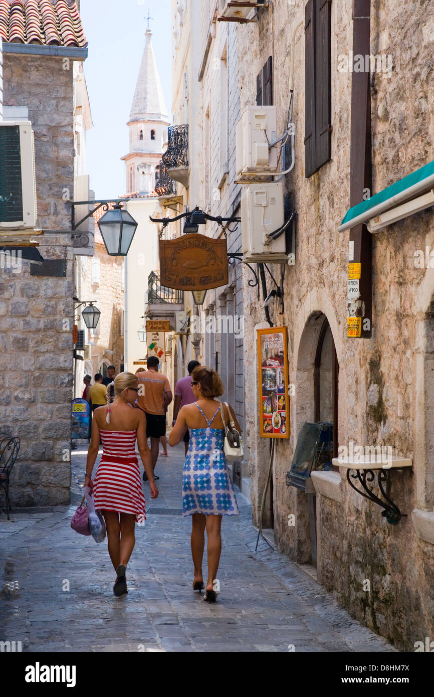 Eastern Europe, Balkans, Montenegro, Budva, Stari Grad (Old Town), narrow streets and the Catholic Church of St Ivan Stock Photo