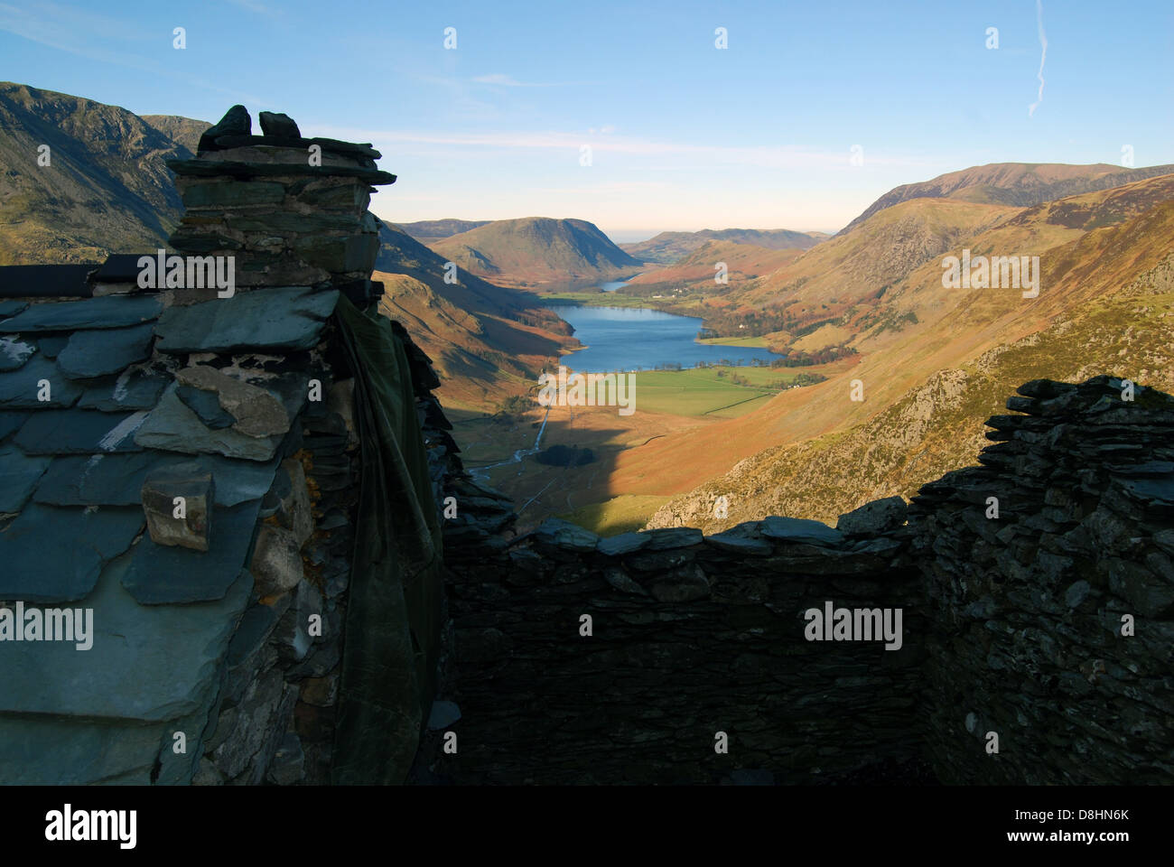 View from a mountain bothy looking over Buttermere, Lake District, Cumbria.  UK Stock Photo