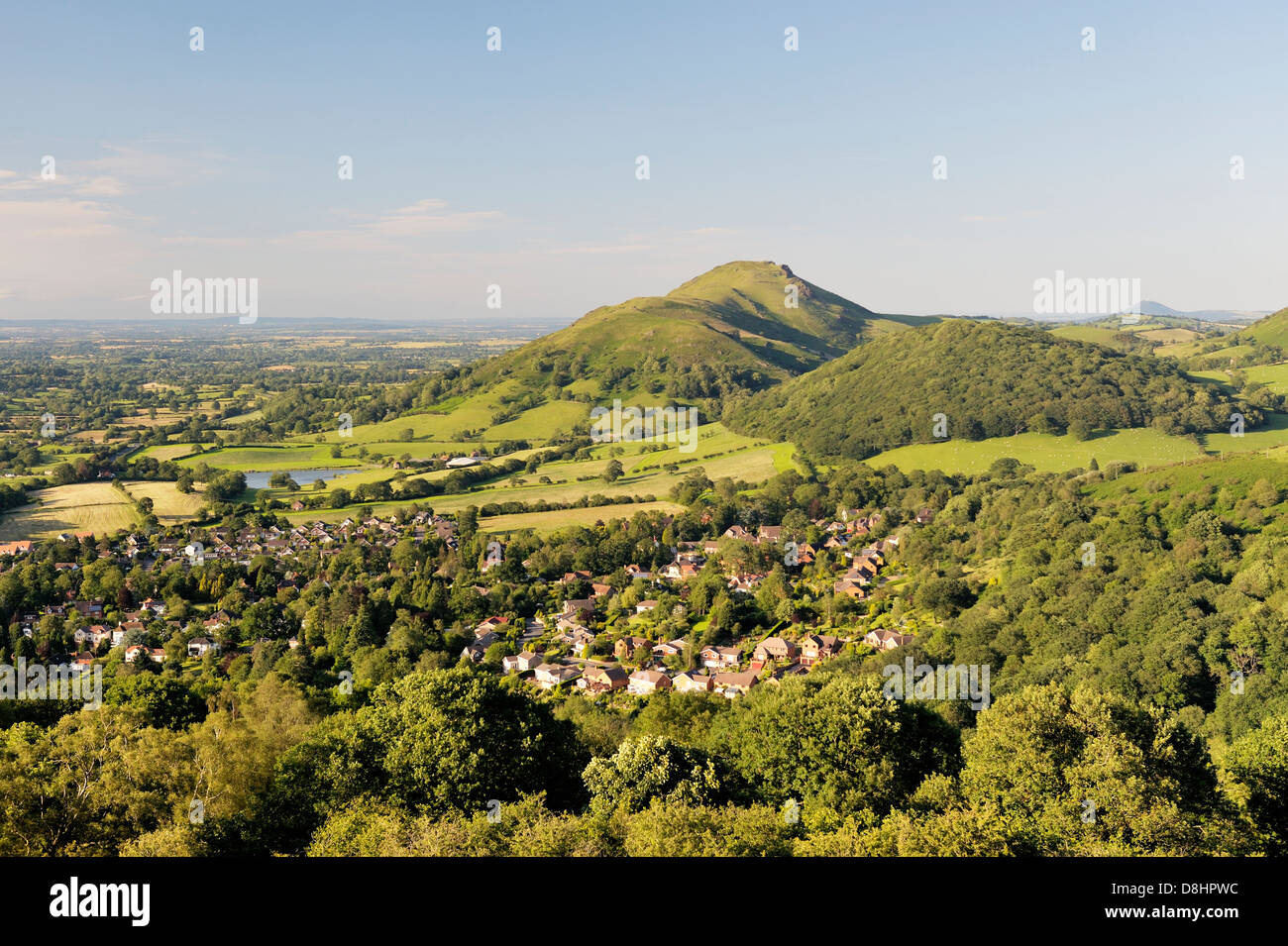 North from Ragleth Hill over Church Stretton village, Shropshire, England. Watling Street Roman Road and Caer Caradoc hill fort Stock Photo