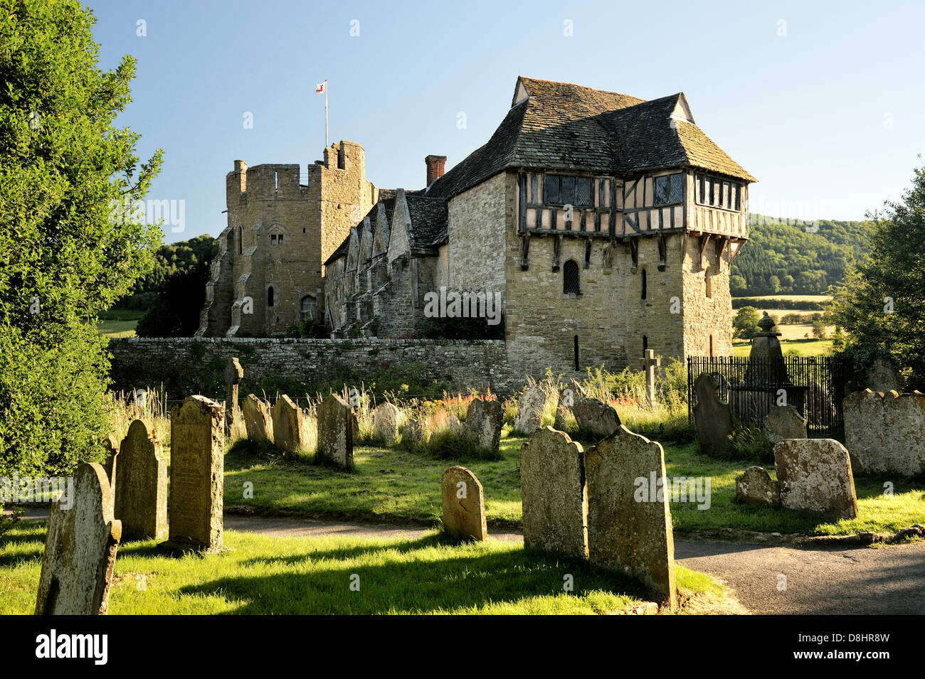 13C Stokesay Castle, Craven Arms, Shropshire England from Church of St. John. Timbered North Tower, banqueting hall, South Tower Stock Photo