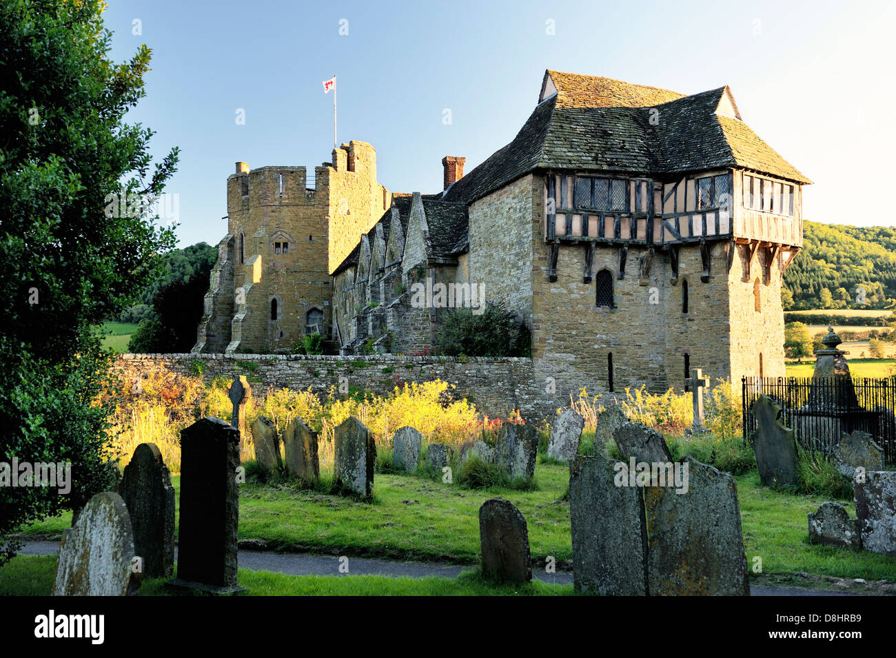 13C Stokesay Castle, Craven Arms, Shropshire England from Church of St. John. Timbered North Tower, banqueting hall, South Tower Stock Photo