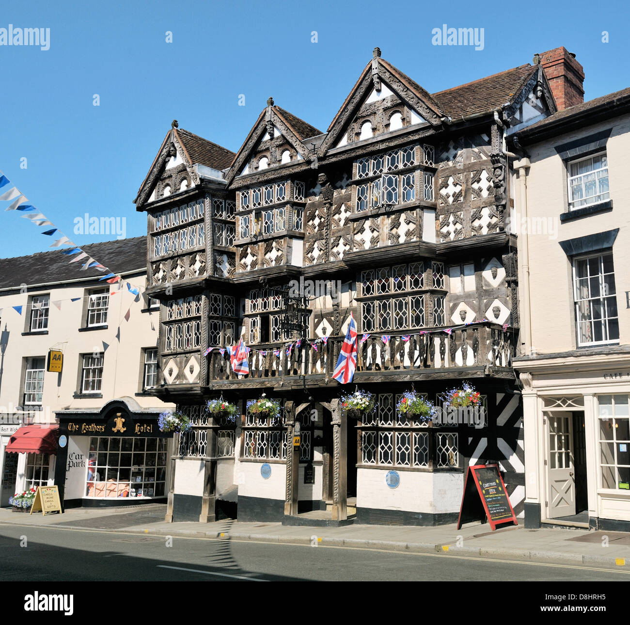 The famous Feathers Hotel in Ludlow, Shropshire, built as private home in 1619. Tudor style half-timbered building Stock Photo