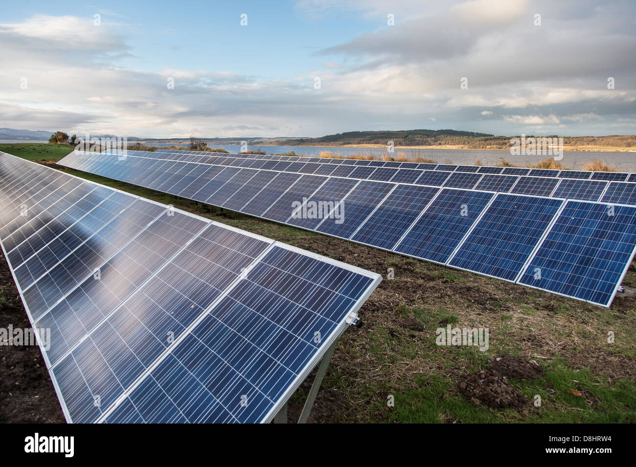 Solar panels on the Beauly Firth near Inverness in Scotland Stock Photo