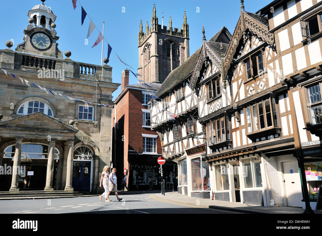Medieval town of Ludlow, Shropshire, England. King, High and Broad streets meet at the Butter Cross beside St. Laurence Church Stock Photo