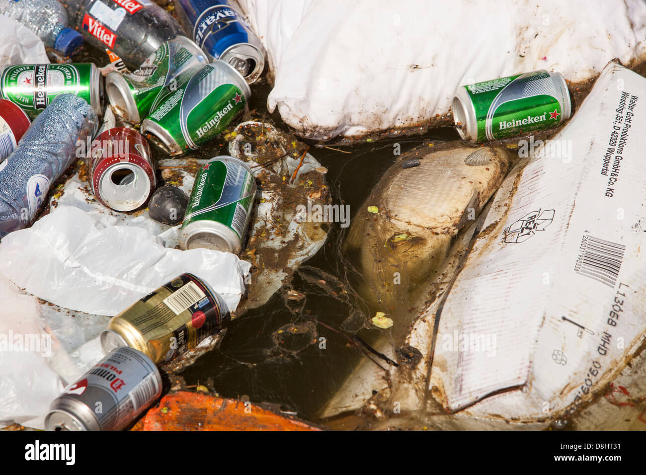 Rubbish up against a litter trap on a canal in Amsterdam, Netherlands. Stock Photo
