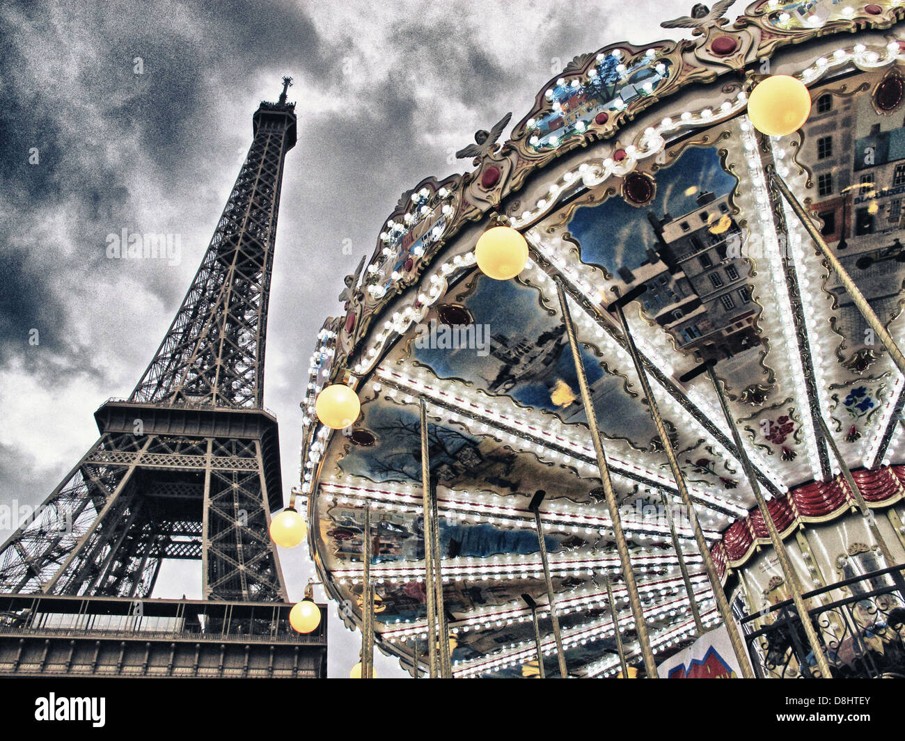 Paris Tour Eiffel Tower Carousel Champ de Mars at Dusk Stock Photo