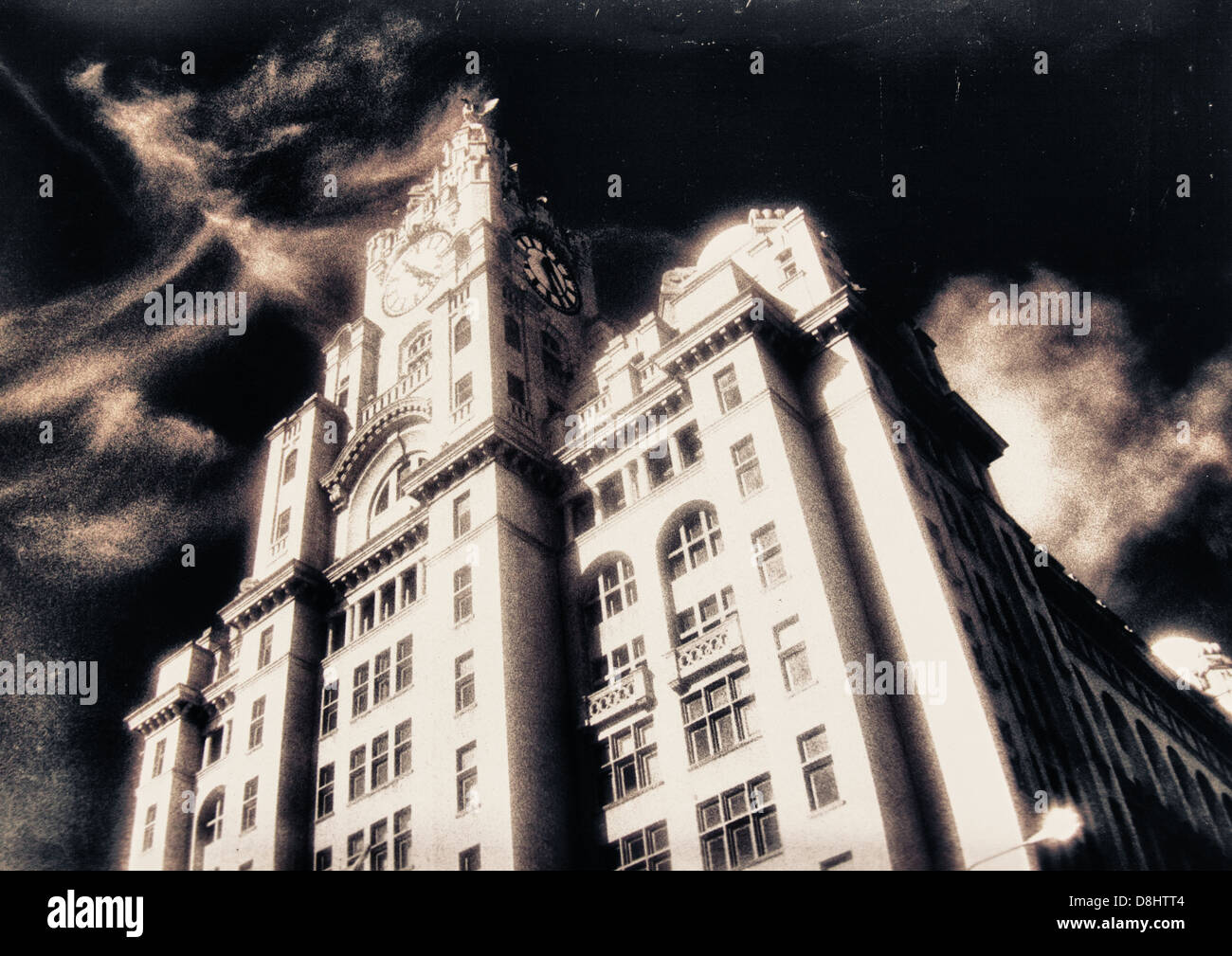 Ghostly view of The Liver Building Pier Head Liverpool in monochrome Stock Photo