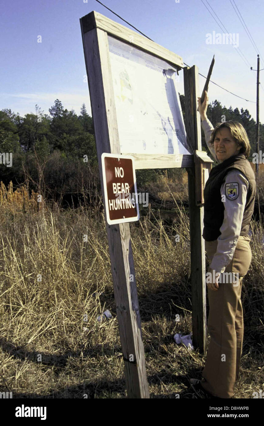 A woman is inspecting a set of signs, possibly for safety, construction ...