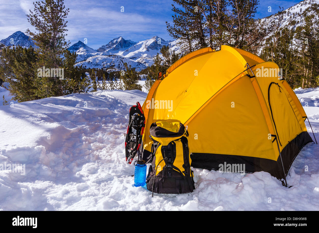 Yellow dome tent in winter, John Muir Wilderness, Sierra Nevada
