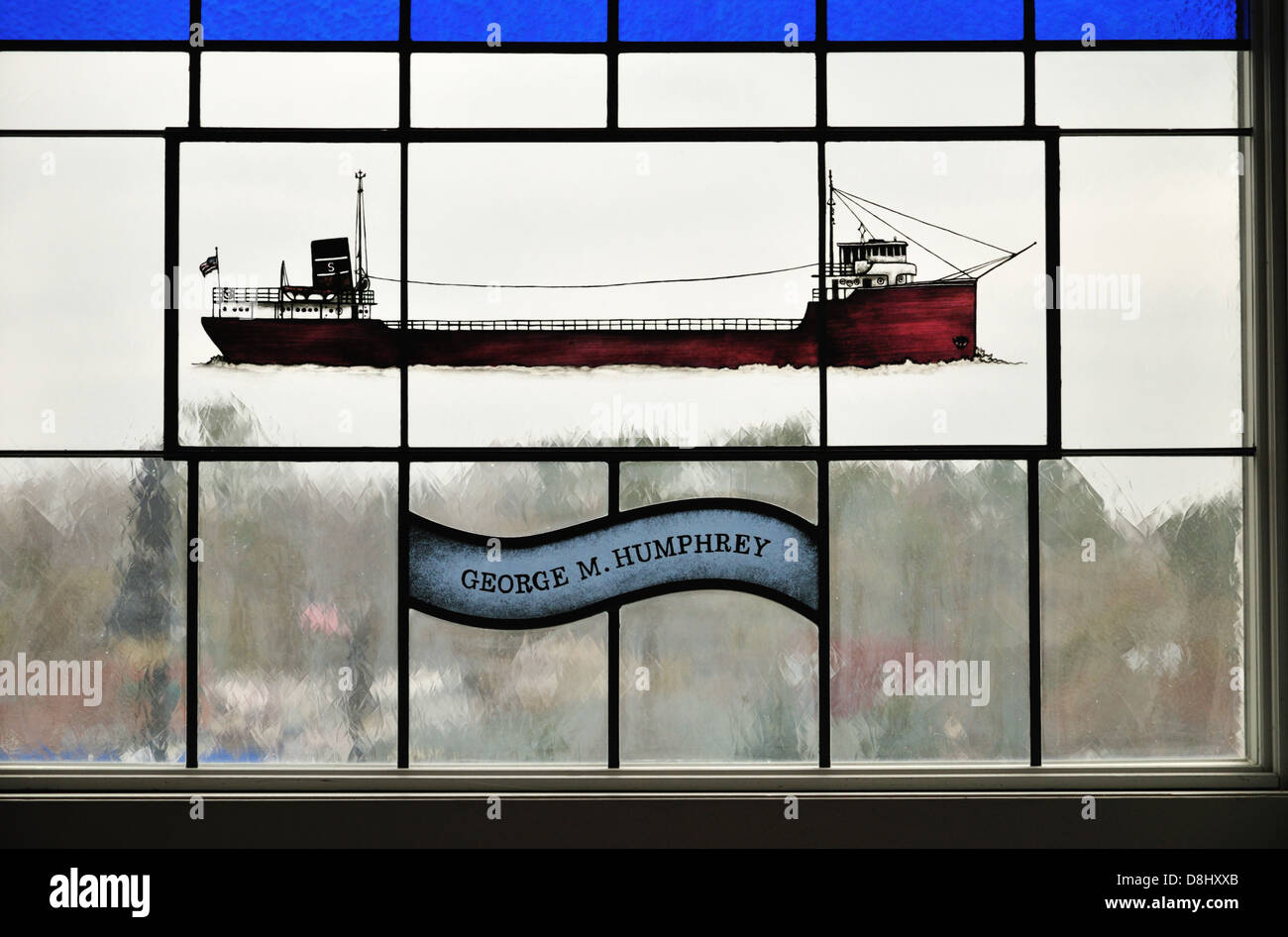 Painted glass image of the George M. Humphrey, a freighter formerly used on the Great Lakes. It's at the Door County Maritime Mu Stock Photo