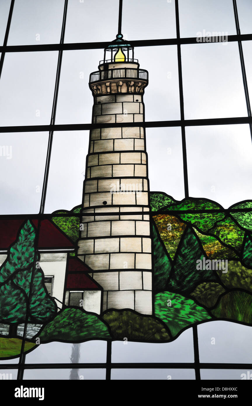 Painted glass image of a lighthouse at the Sturgeon Bay facility of the Door County Maritime Museum Stock Photo