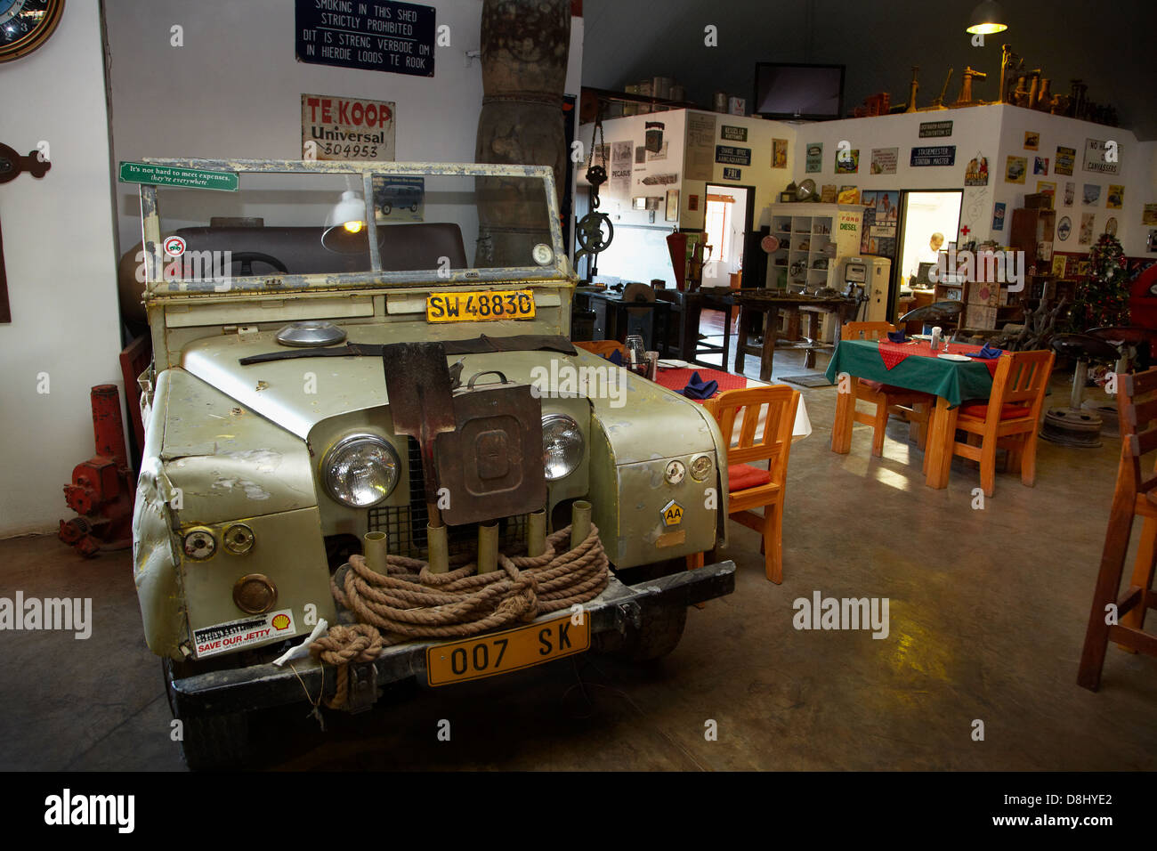 Old Landrover in Canon Roadhouse restaurant, near Fish River Canyon, Southern Namibia, Africa Stock Photo