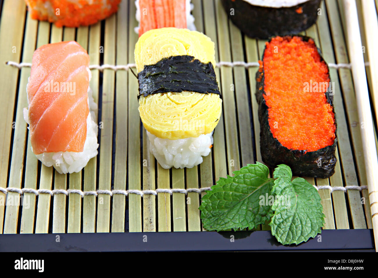 Sushi made from Tuna fish on a bamboo dish,Sushi is a food of Japanese