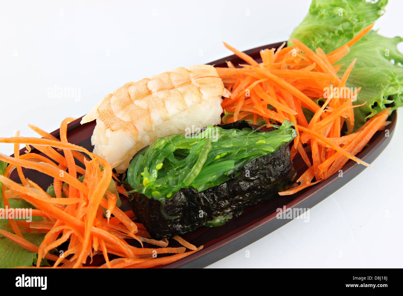 The Sushi made from Shrimp and sea weed,Sushi is a food of Japanese. Stock Photo