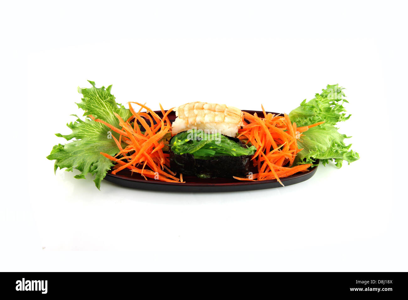 The Sushi made from Shrimp and sea weed,Sushi is a food of Japanese. Stock Photo