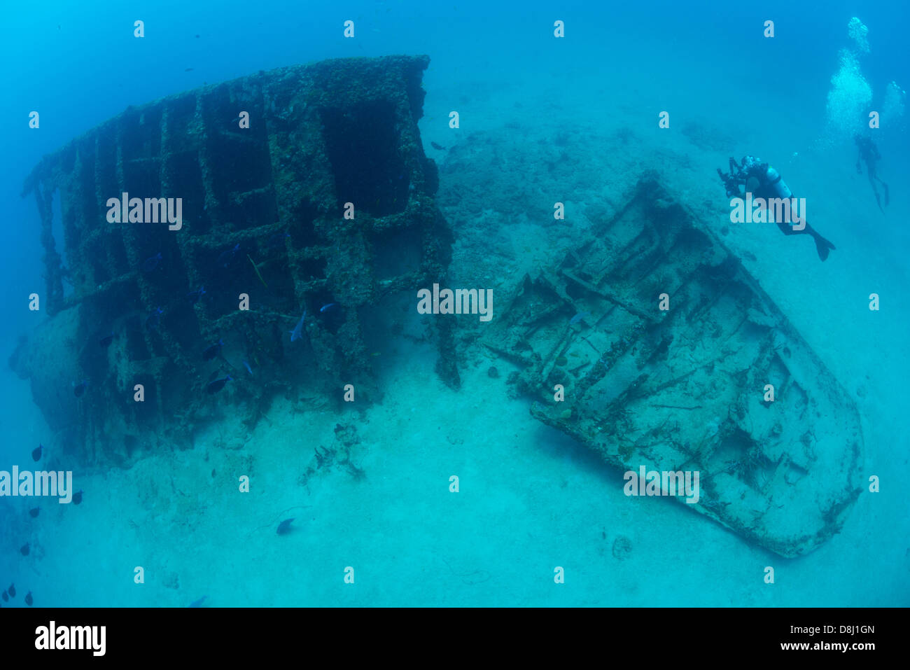 A scuba diver photographs a wreck near Pompano Beach, Florida Stock Photo