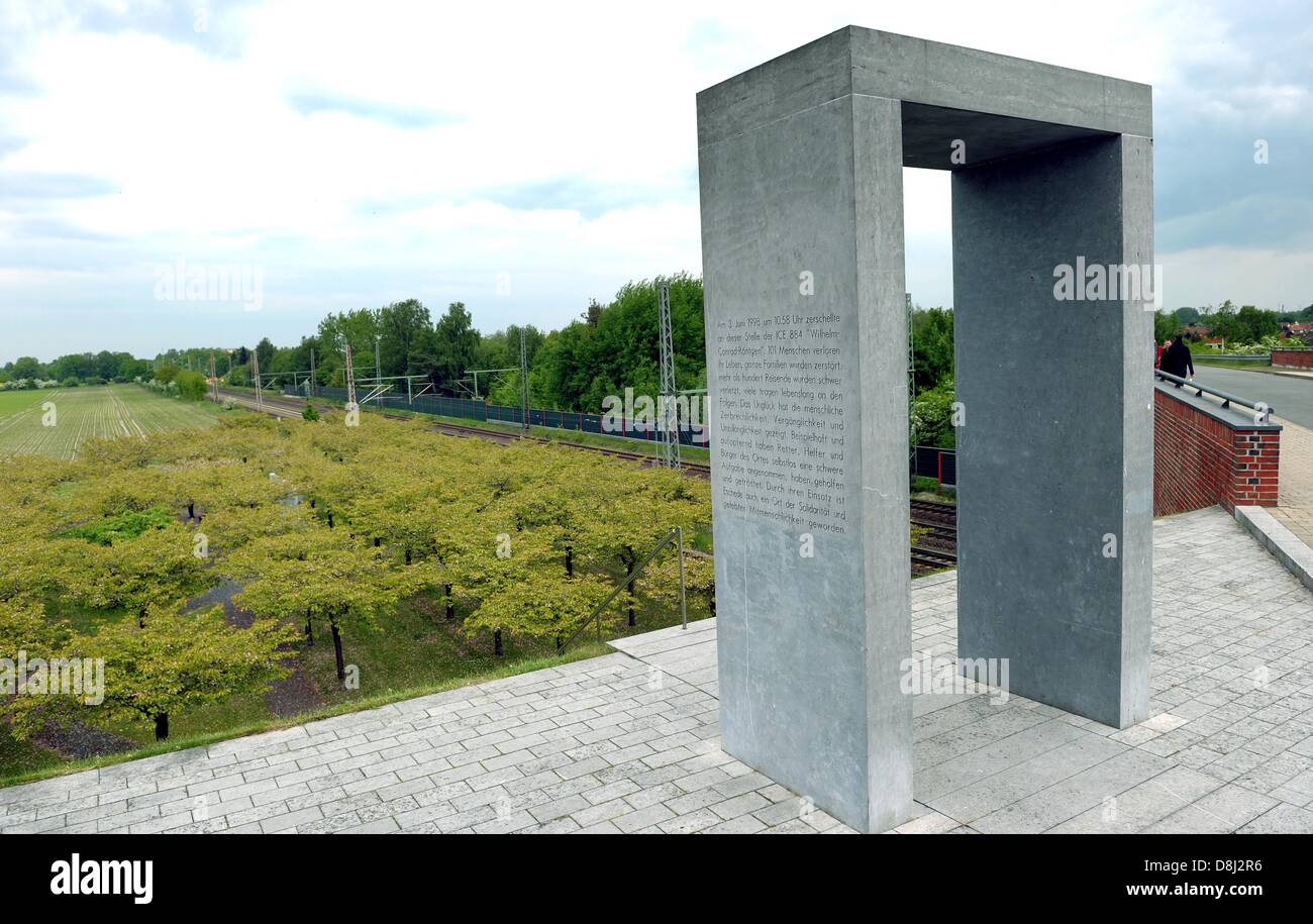 View of the memorial site of the ICE train accident in Eschede, Germany, 28 May 2013. On 3 June 1998, the Intercity Express 884 hit a concrete bridge with a speed of 200 km/h and derailed. 101 people were killed in the disaster. Photo: Holger Hollemann Stock Photo