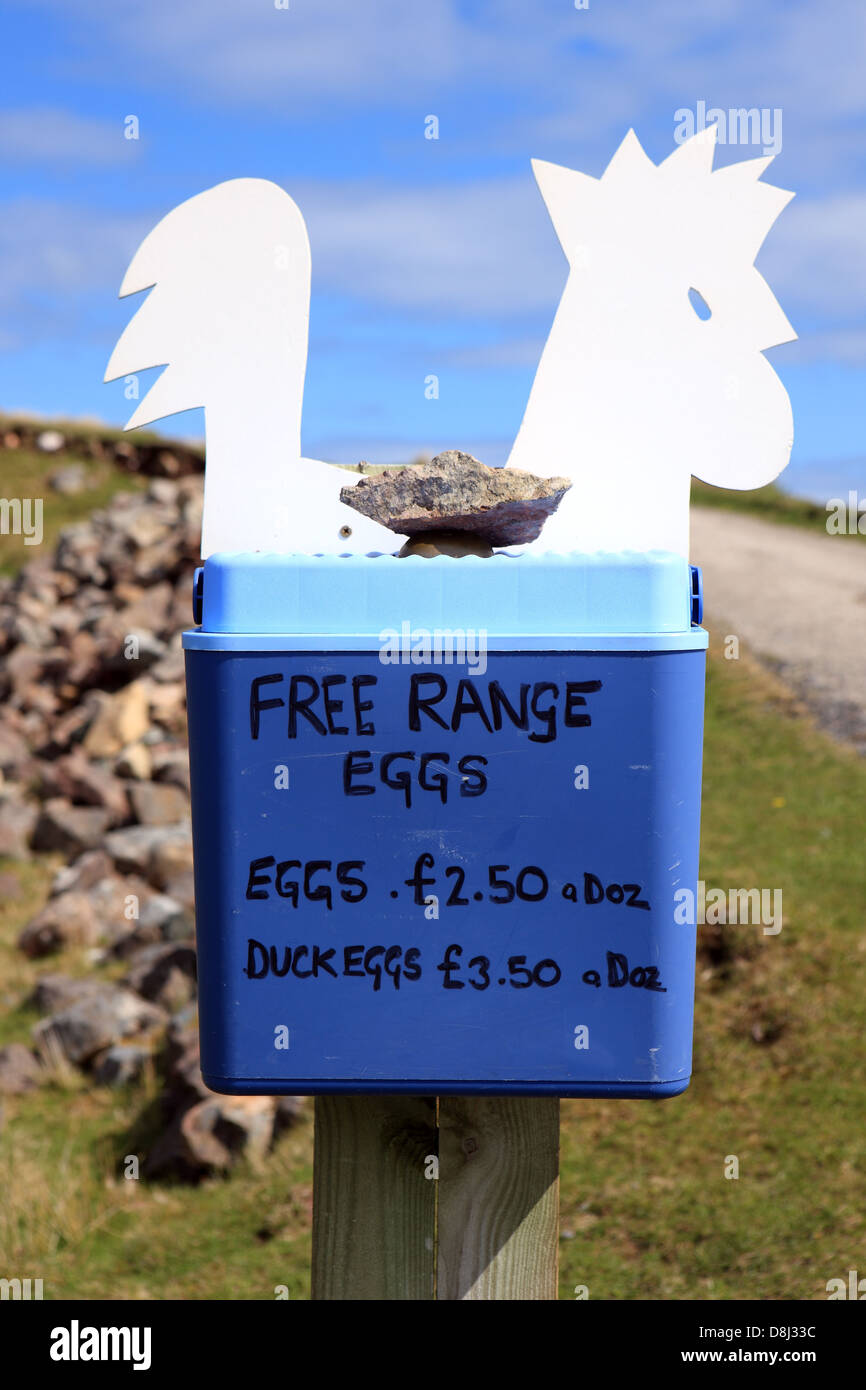 Free range eggs and duck eggs for sale at the entrance to a farm in Sutherland in the highlands of Scotland Stock Photo