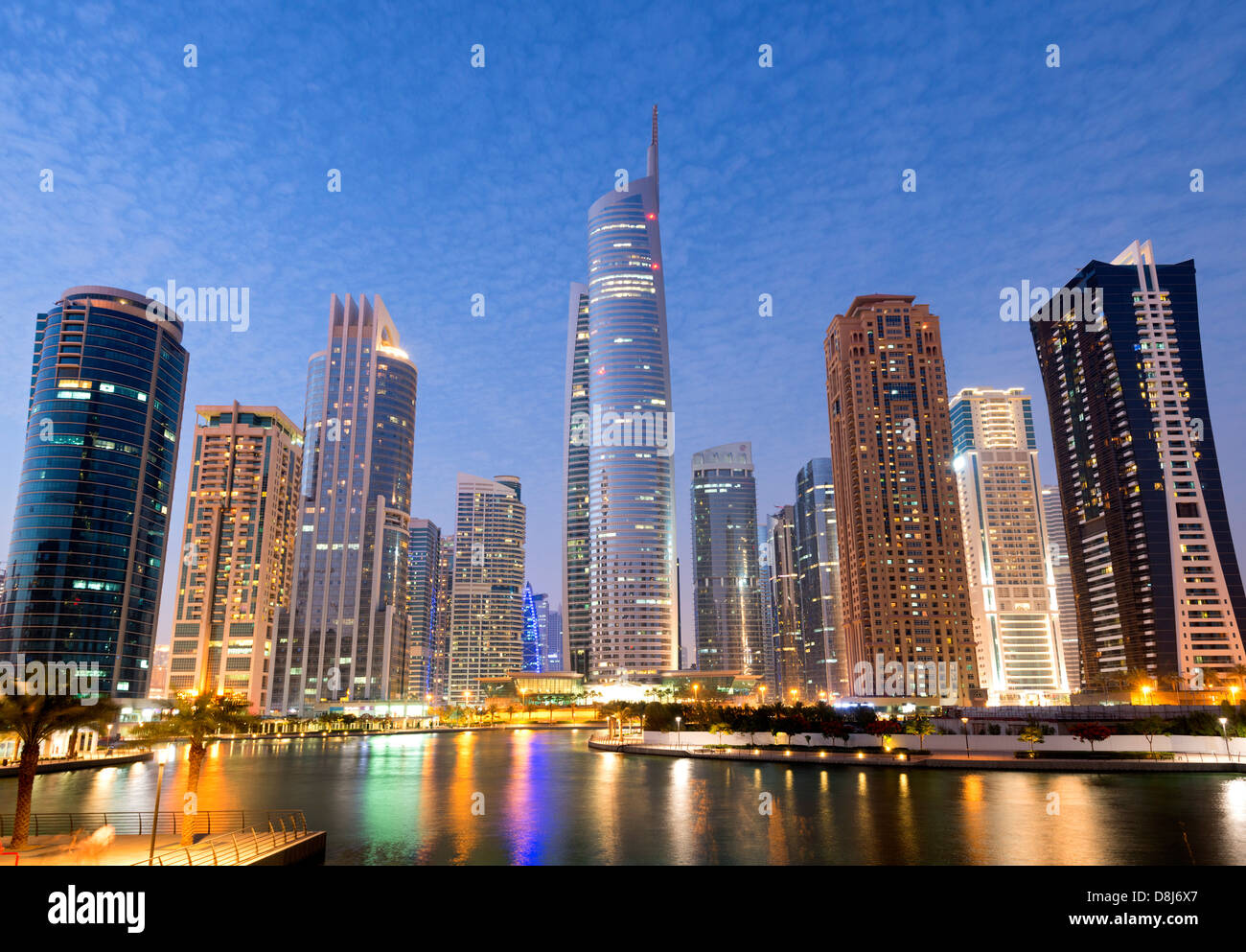 Night view of residential skyscrapers in Jumeirah Lakes Towers (JLT) new development  in Dubai United Arab Emirates Stock Photo