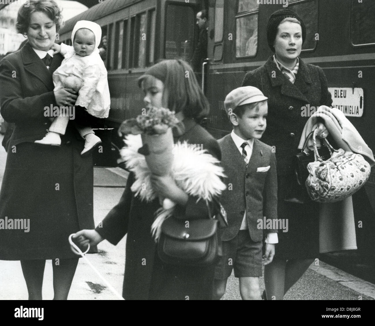 PRINCESS GRACE OF MONACO with children about 1966. From left: nurse carries Stephanie then  Caroline and Albert Stock Photo
