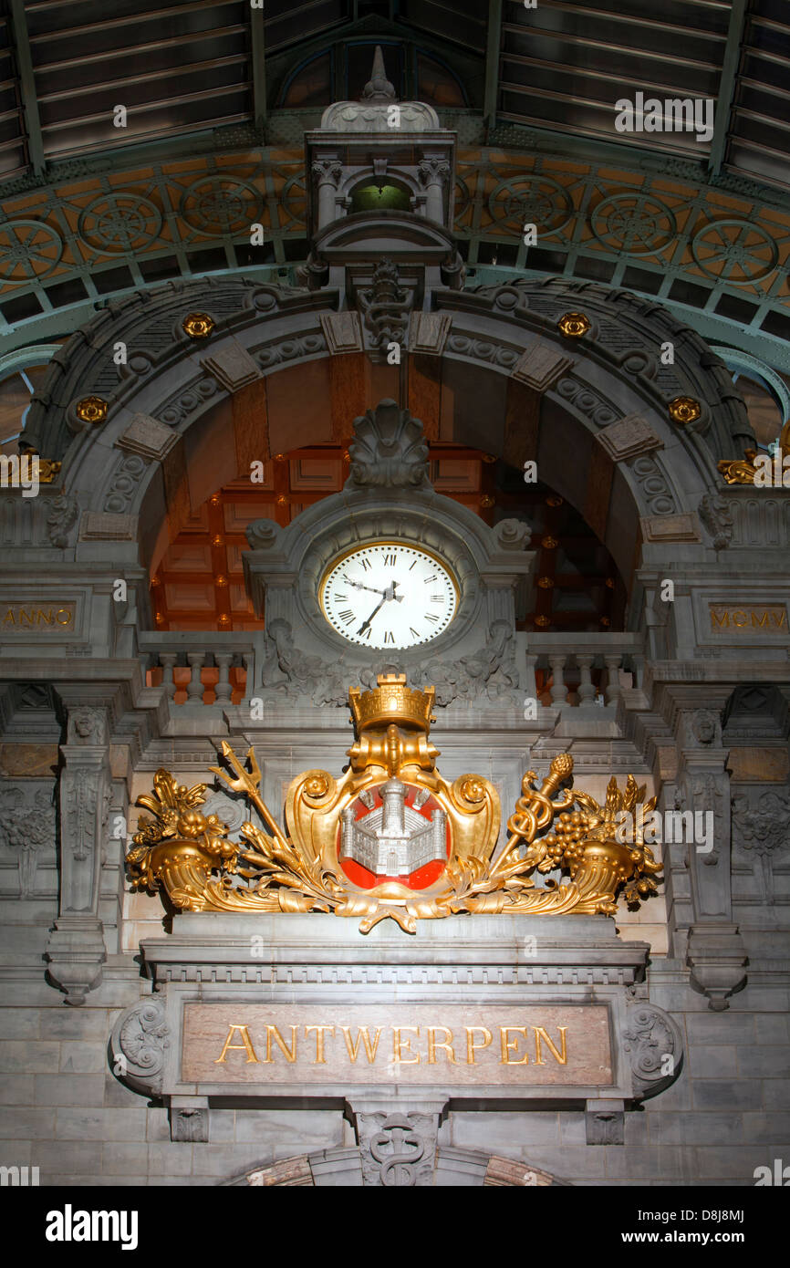 The clock of Antwerp Central Train Station (1905) in Antwerp, Belgium Stock Photo