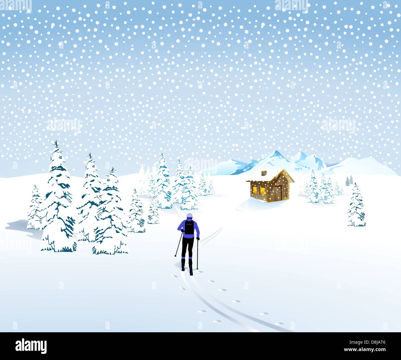 winter landscape with a skier and mountain hut Stock Photo
