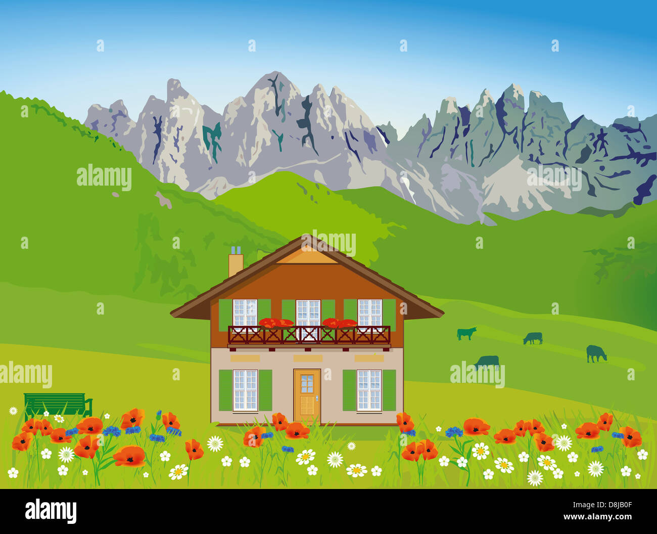 House in front of mountain backdrop Stock Photo