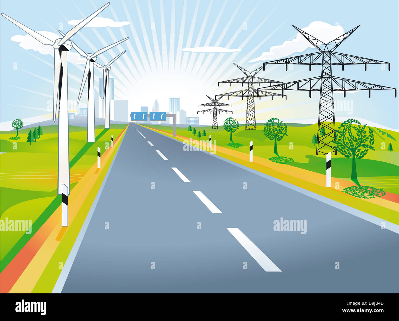 Country road with windmills and power poles Stock Photo