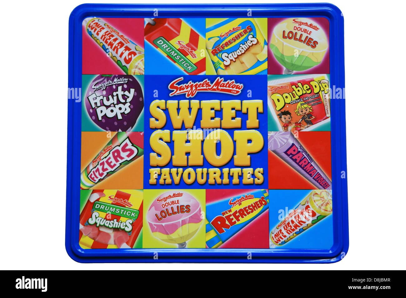 Tin of favourite children's sweets including love hearts drumsticks fizzers refreshers and double dip Stock Photo