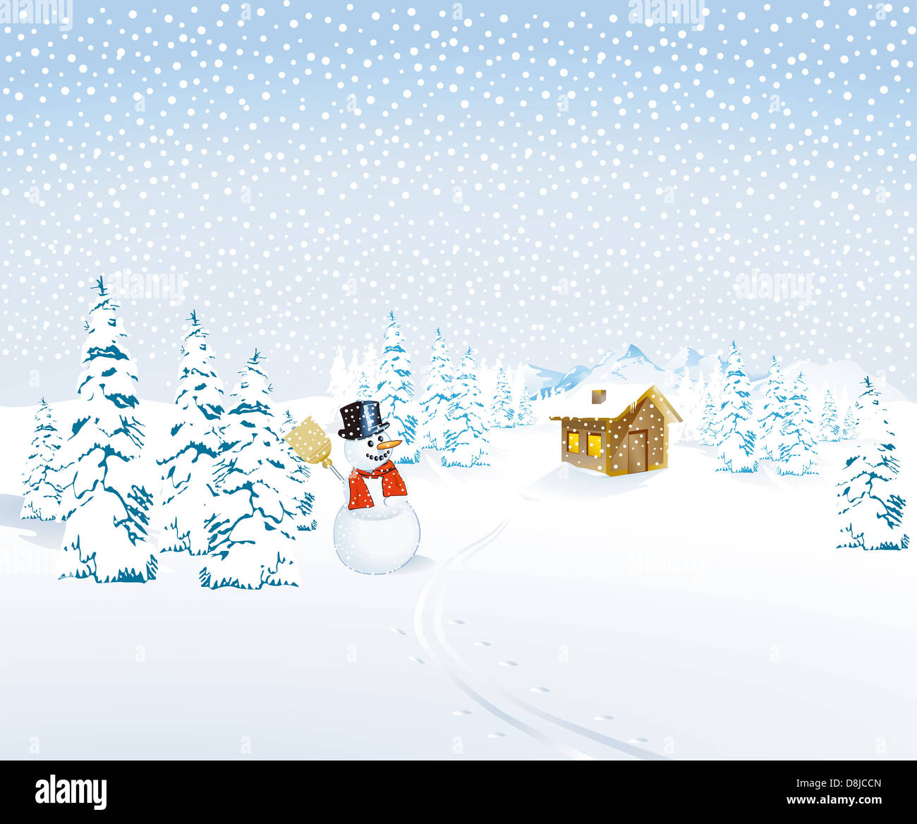 Winter landscape with snowman and Mountain Cottage Stock Photo