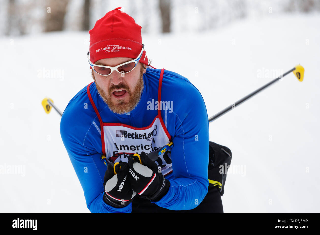 A classic style competitor skis in the American Birkebeiner cross country race in Northern Wisconsin, USA. Stock Photo