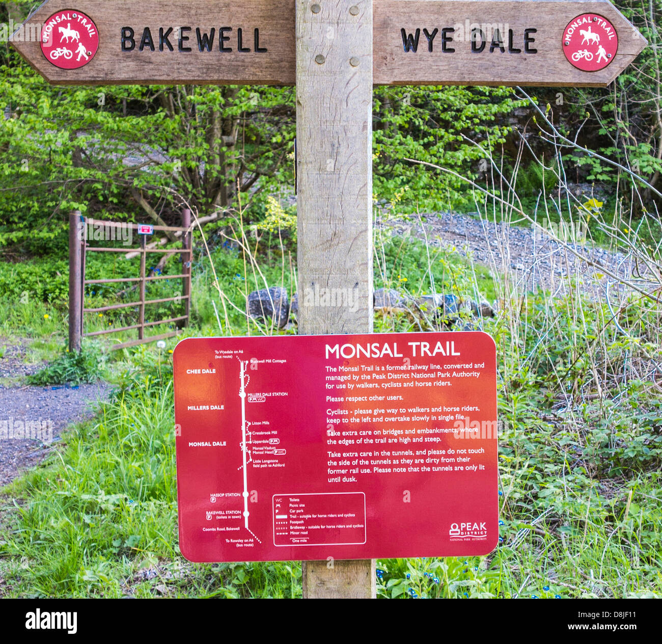 Signpost on the Monsal Trail near Bakewell, Derbyshire, England. Stock Photo