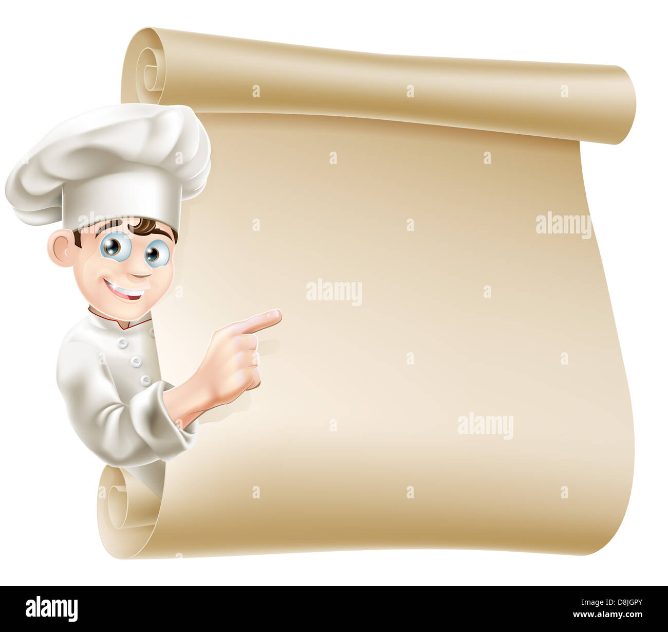 chef with menu scroll - culinary illustration for... Illustration of a happy chef character pointing at a scroll maybe with ...