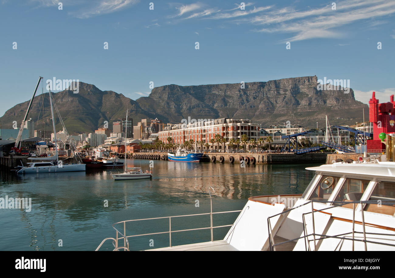 Table Mountain, Cape Grace hotel and Cape Town cbd from Victoria & Alfred Waterfront. Stock Photo