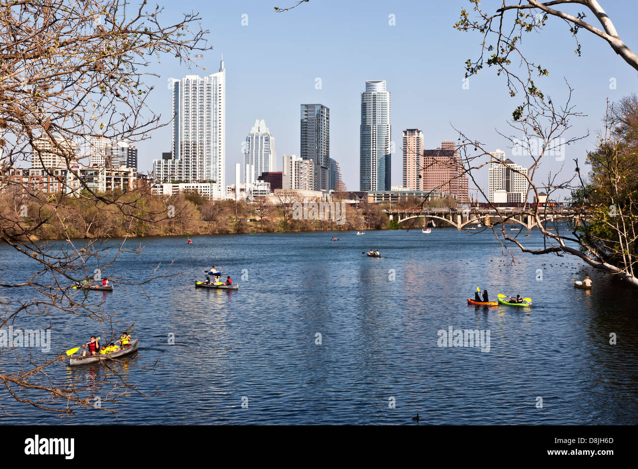 Austin skyline, Lady Bird Lake, kayakers. Stock Photo
