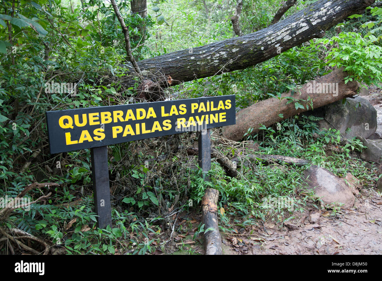 Quebrada Las Pailas, Las Pailas Ravine Sign, Rincon de la Vieja National Park, Costa Rica Stock Photo