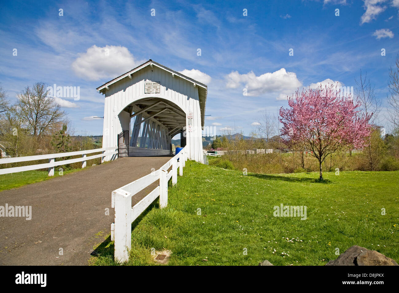 The Weddle Covered Bridge over Ames Creek in Sweet Home, Oregon Stock