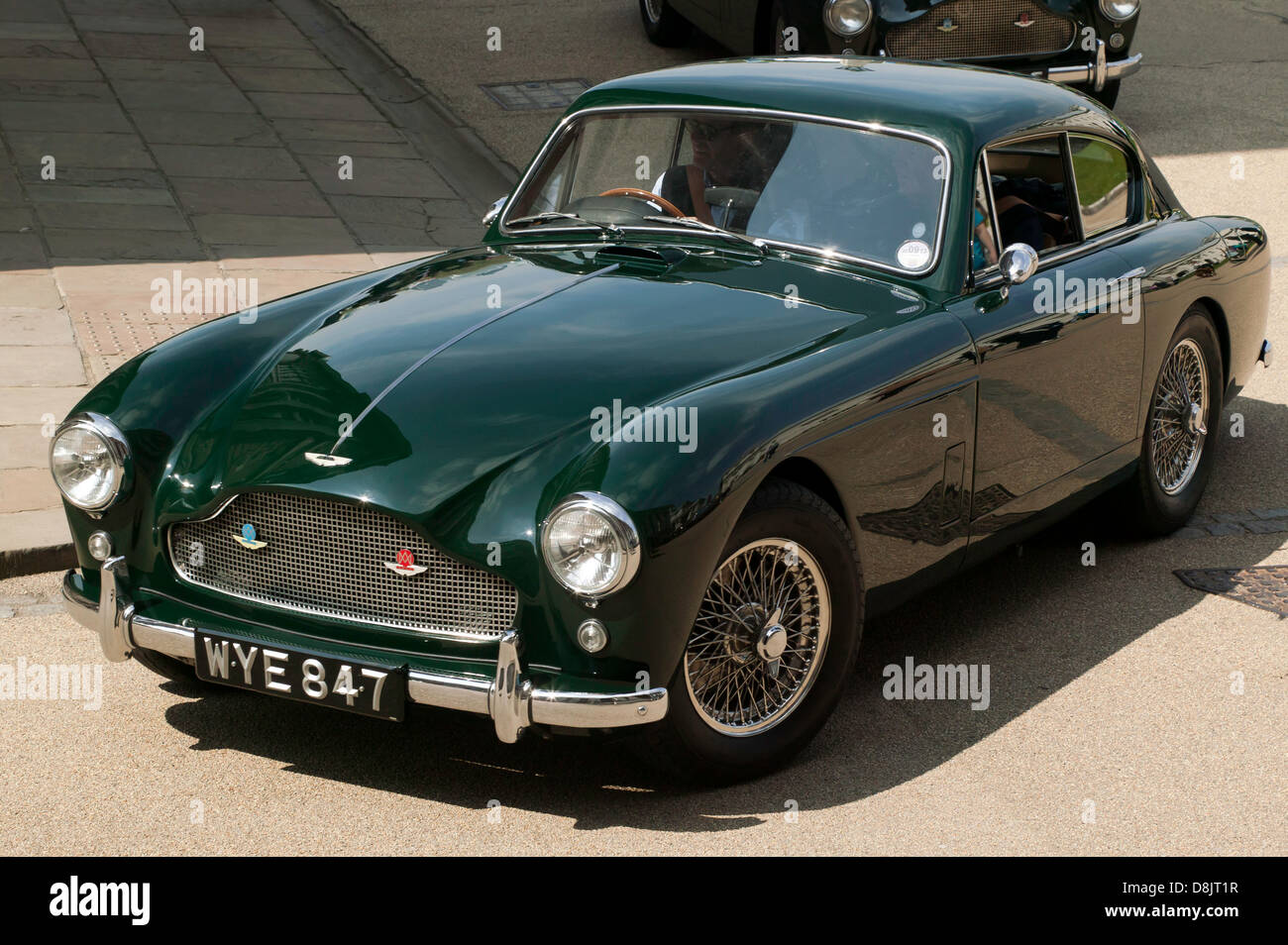 A beautiful example of a classic 1959, Green, Aston Martin DB3 on display at the Old Royal Naval College, Greenwich. Stock Photo
