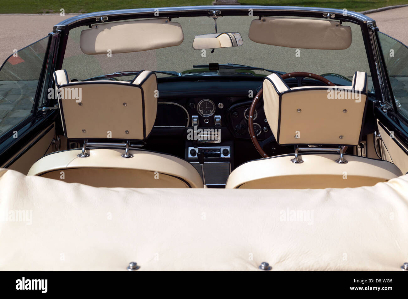 View of the custom leather  interior of a  rare Aston Martin DB5 convertible Stock Photo