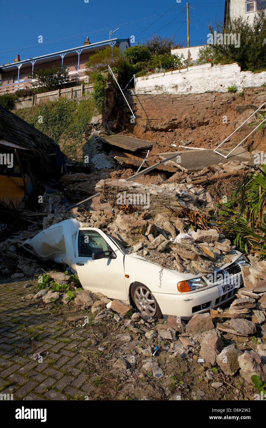Landslide in Looe Cornwall crushes car Stock Photo