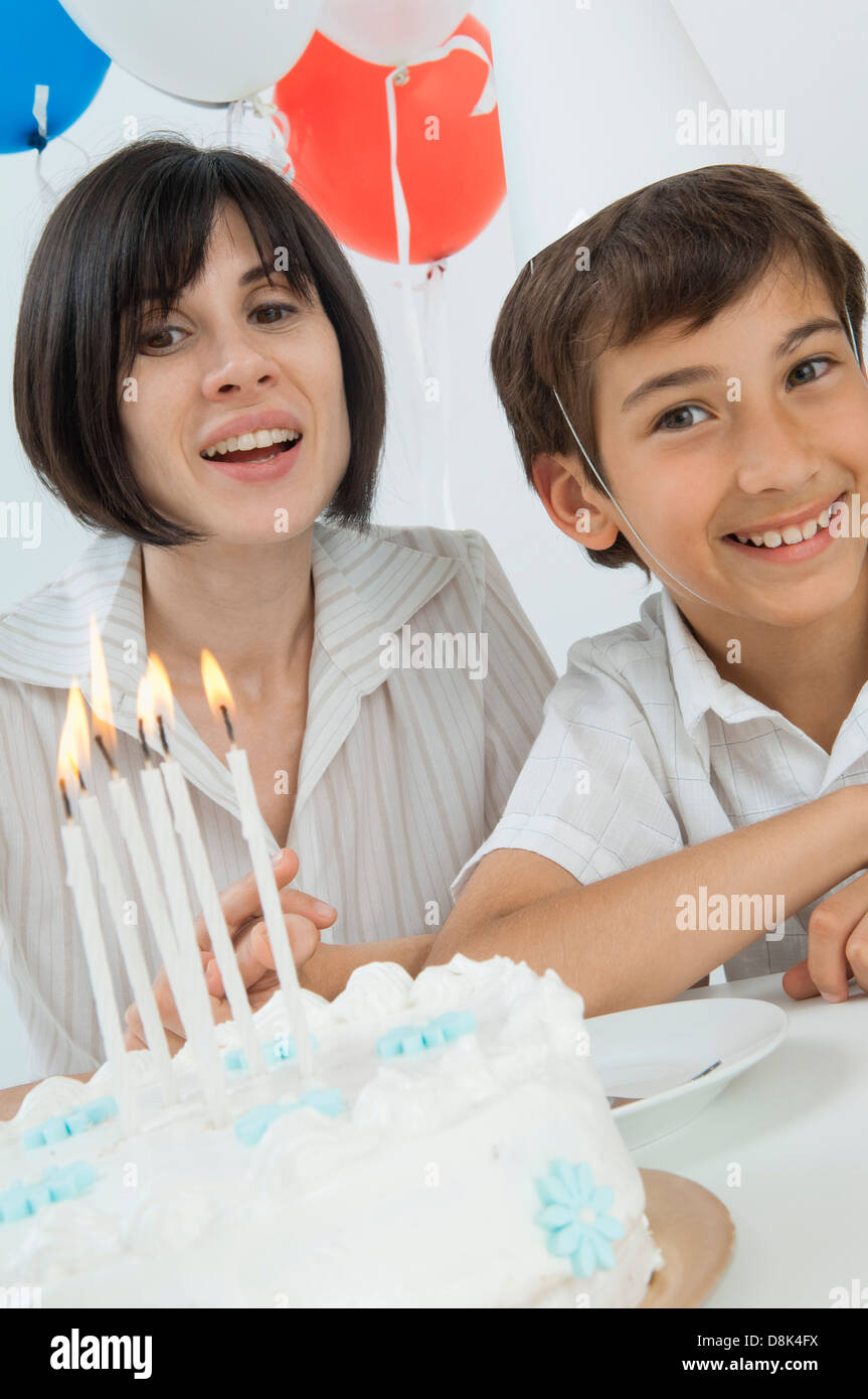 Mother and son celebrating birthday Stock Photo
