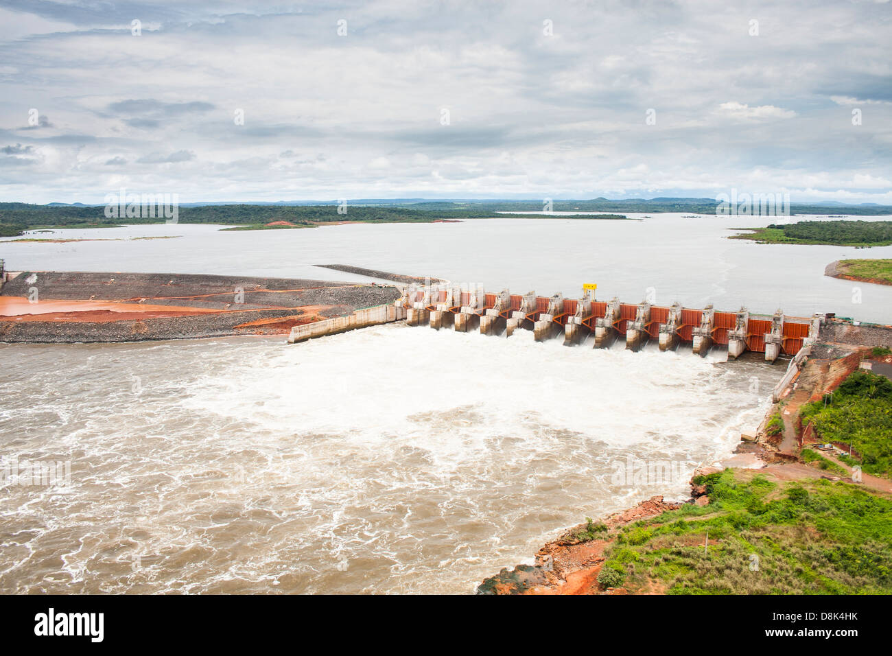 Aerial view of Estreito Hydroelectric power plant dam spanning