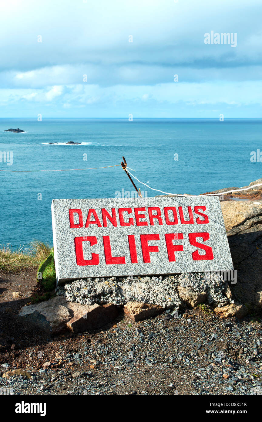 A dangerous cliffs sign at Lands End in Cornwall, Uk Stock Photo Alamy