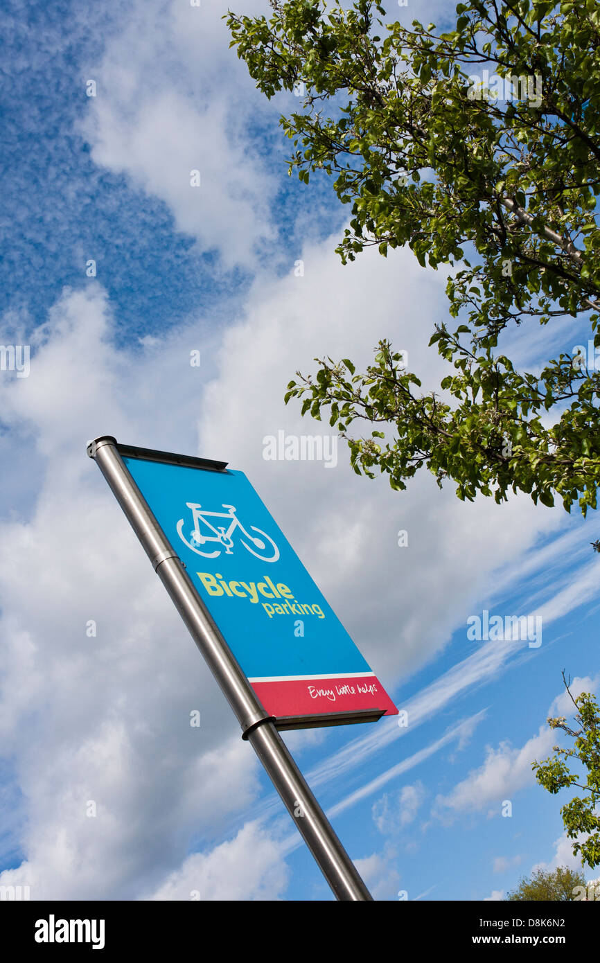 Bicycle parking zone sign to park bicycles in a supermarket car park. Stock Photo