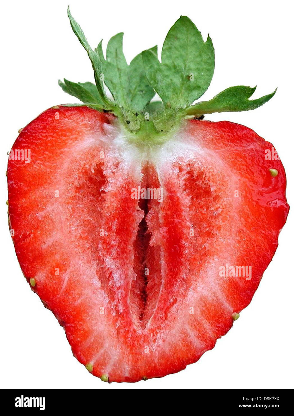This image shows a sliced strawberry, revealing its juicy and vibrant ...