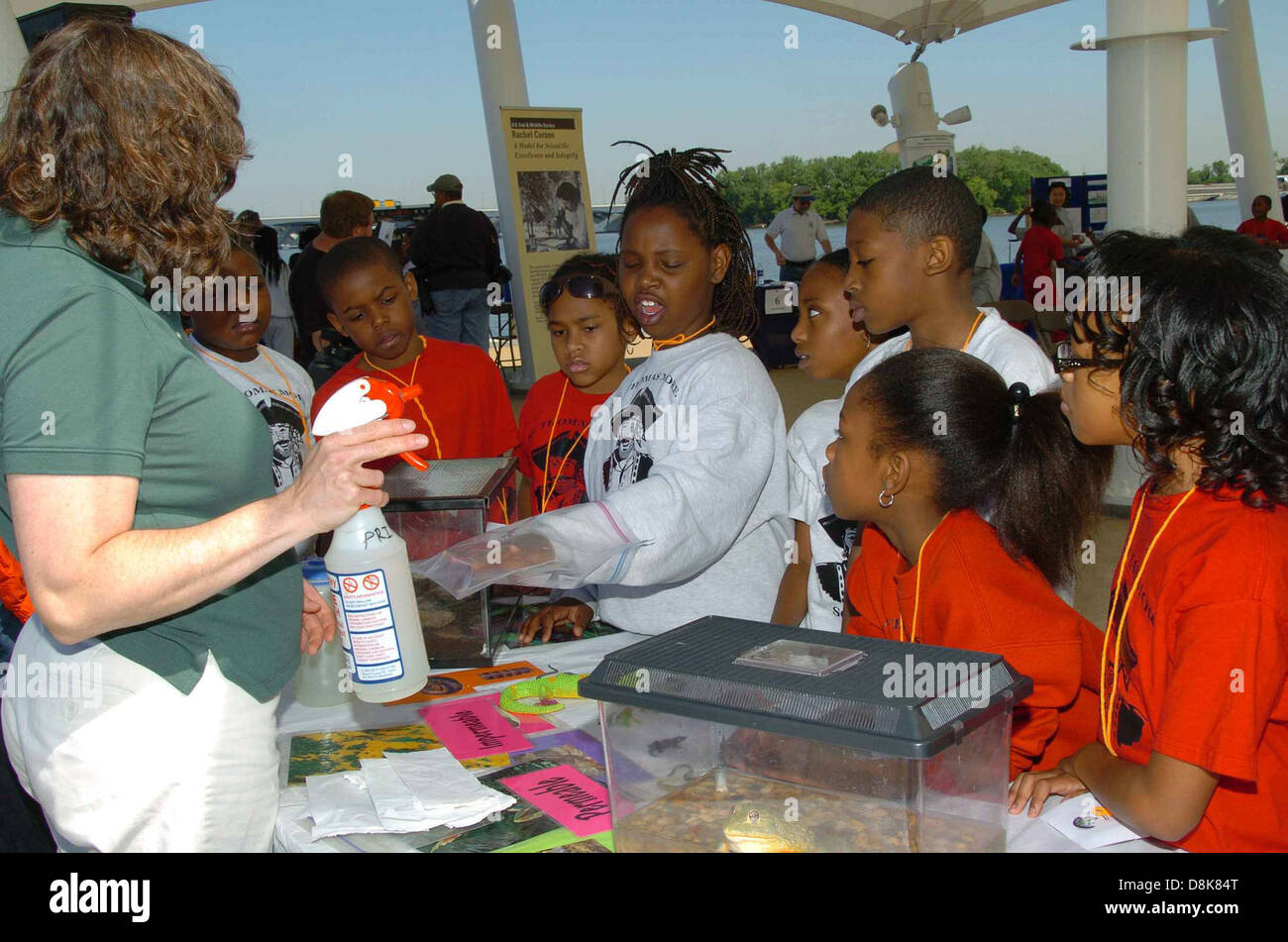 Students learn about how animals breathe through their skin Stock Photo