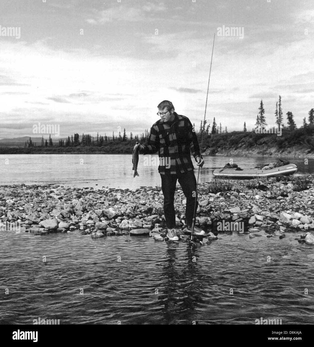 Vintage fishing grayling fishing. Stock Photo