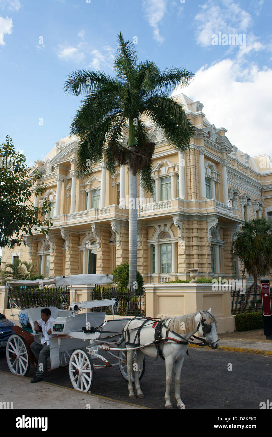 Horse-drawn carriage or Calesa in front of the Palacio Canton on Paseo de Montejo in Merida, Yucatan, Mexico Stock Photo