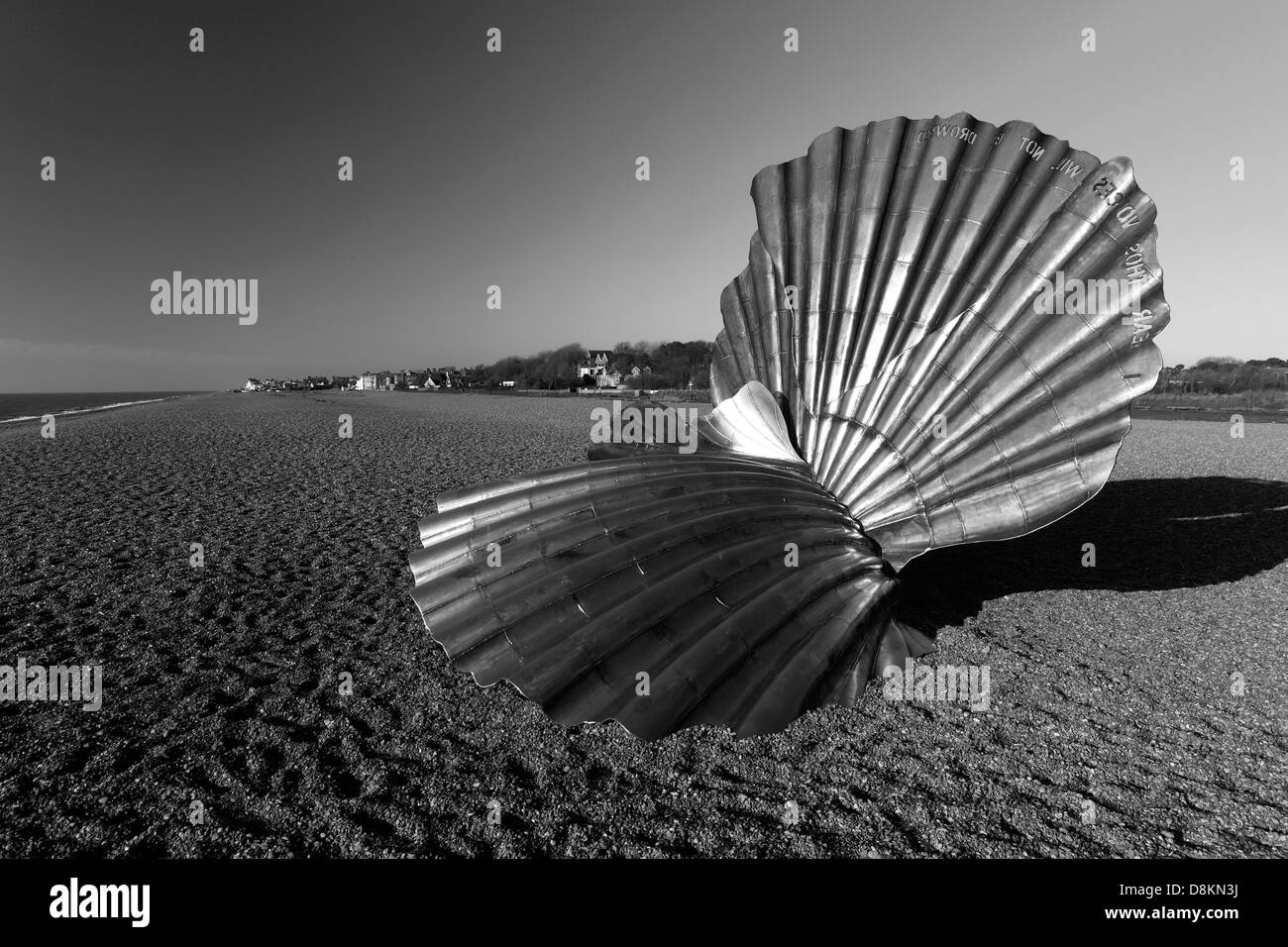 The Scallop shell sculpture by Maggie Hambling, on the beach, Aldeburgh town, Suffolk County, East Anglia, England. Stock Photo