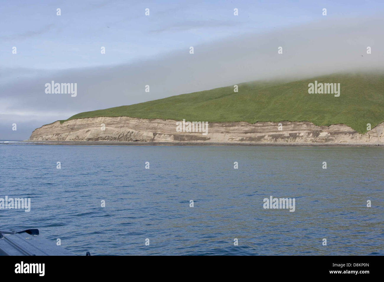 Kasatochi Island, part of the Andreanof Islands in Alaska, is characterized by dramatic bluffs and rugged landscapes. Known for its volcanic origins, the island offers stunning views of the Bering Sea and is part of a protected wildlife area with rich biodiversity. Stock Photo